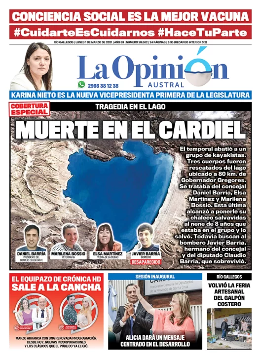 Diario La Opinión Austral tapa edición impresa del 1 de marzo de 2021, Río Gallegos, Santa Cruz, Argentina