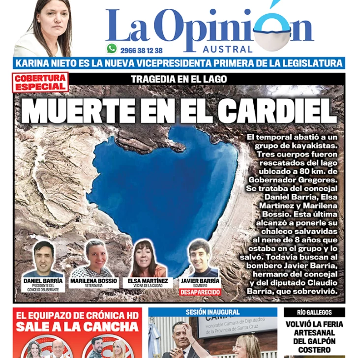 Diario La Opinión Austral tapa edición impresa del 1 de marzo de 2021, Río Gallegos, Santa Cruz, Argentina