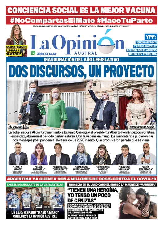 Diario La Opinión Austral tapa edición impresa del 2 de marzo de 2021, Río Gallegos, Santa Cruz, Argentina