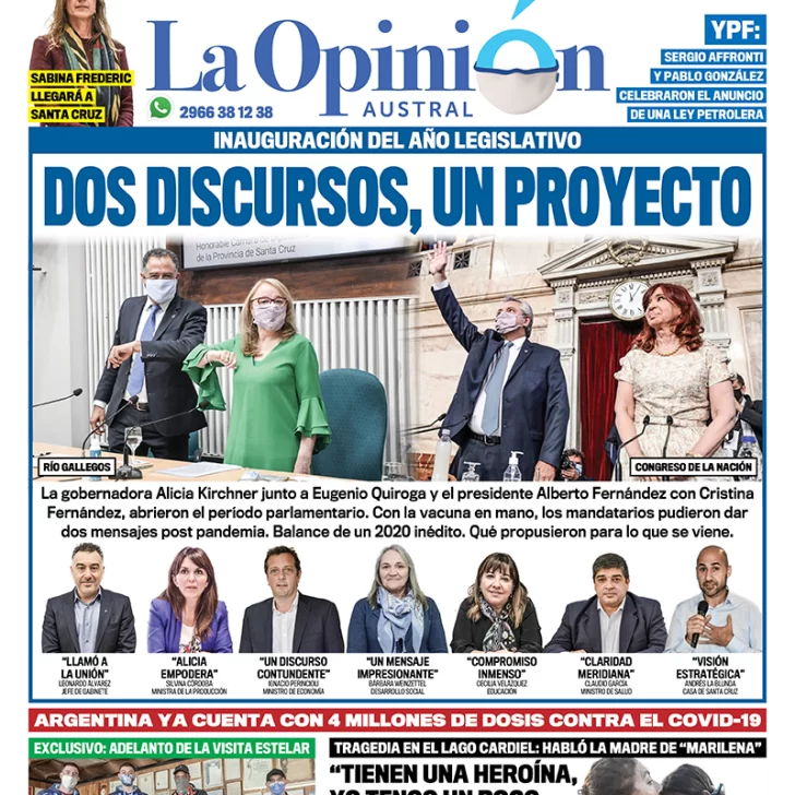Diario La Opinión Austral tapa edición impresa del 2 de marzo de 2021, Río Gallegos, Santa Cruz, Argentina