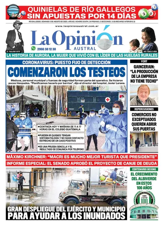 Diario La Opinión Austral edición impresa del 2 de agosto de 2020, Santa Cruz, Argentina