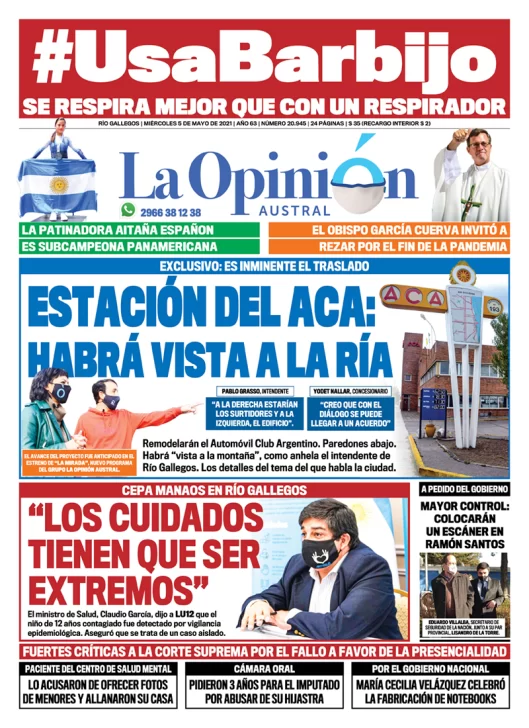 Diario La Opinión Austral tapa edición impresa del 5 de mayo de 2021 Río Gallegos, Santa Cruz, Argentina