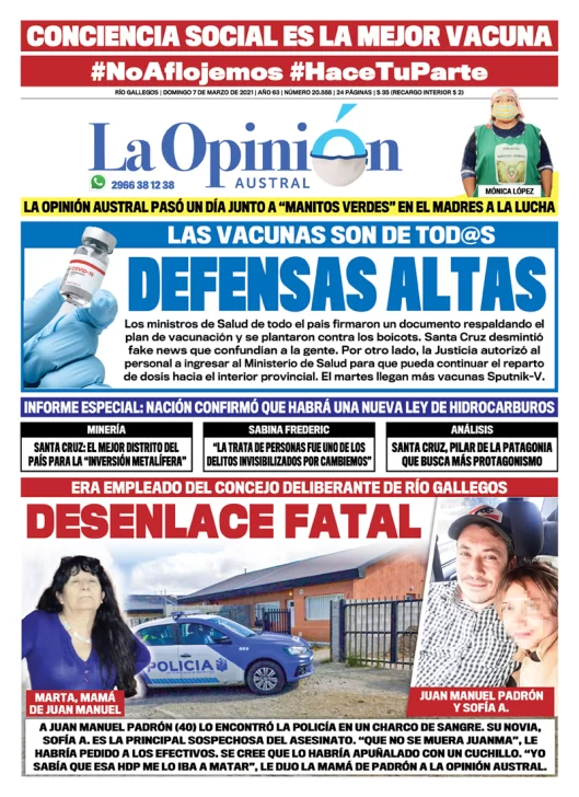 Diario La Opinión Austral tapa edición impresa del 7 de marzo de 2021, Río Gallegos, Santa Cruz, Argentina