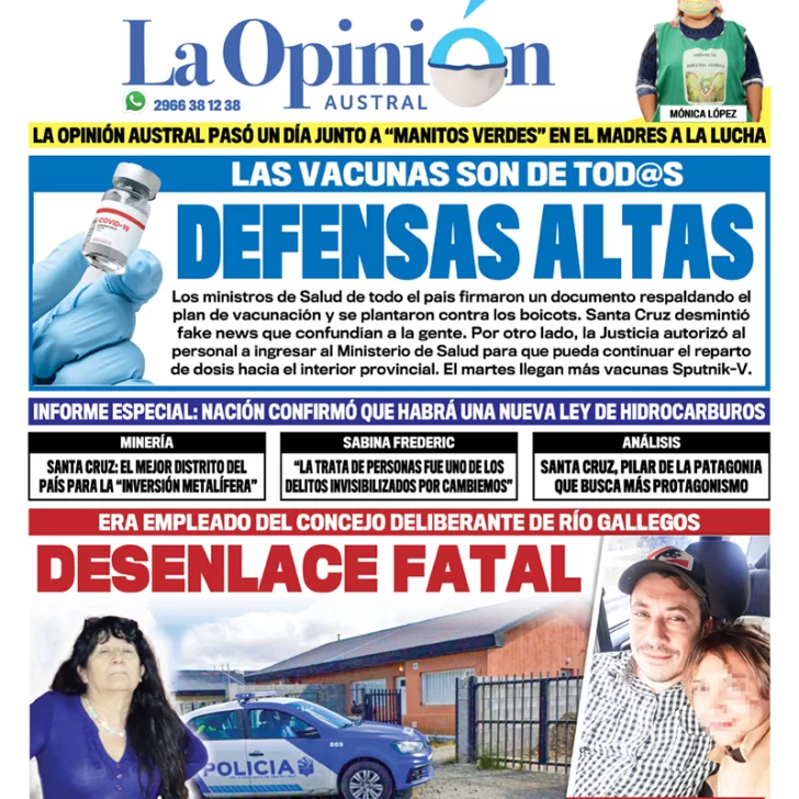 Diario La Opinión Austral tapa edición impresa del 7 de marzo de 2021, Río Gallegos, Santa Cruz, Argentina