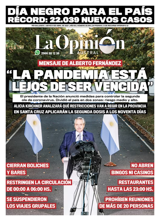 Diario La Opinión Austral tapa edición impresa del 8 de abril de 2021 Río Gallegos, Santa Cruz, Argentina