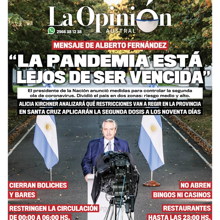 Diario La Opinión Austral tapa edición impresa del 8 de abril de 2021 Río Gallegos, Santa Cruz, Argentina