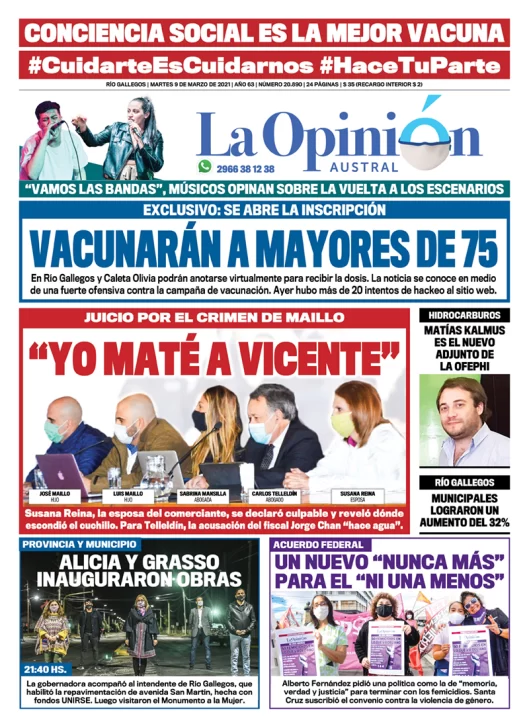 Diario La Opinión Austral tapa edición impresa del 9 de marzo de 2021, Río Gallegos, Santa Cruz, Argentina
