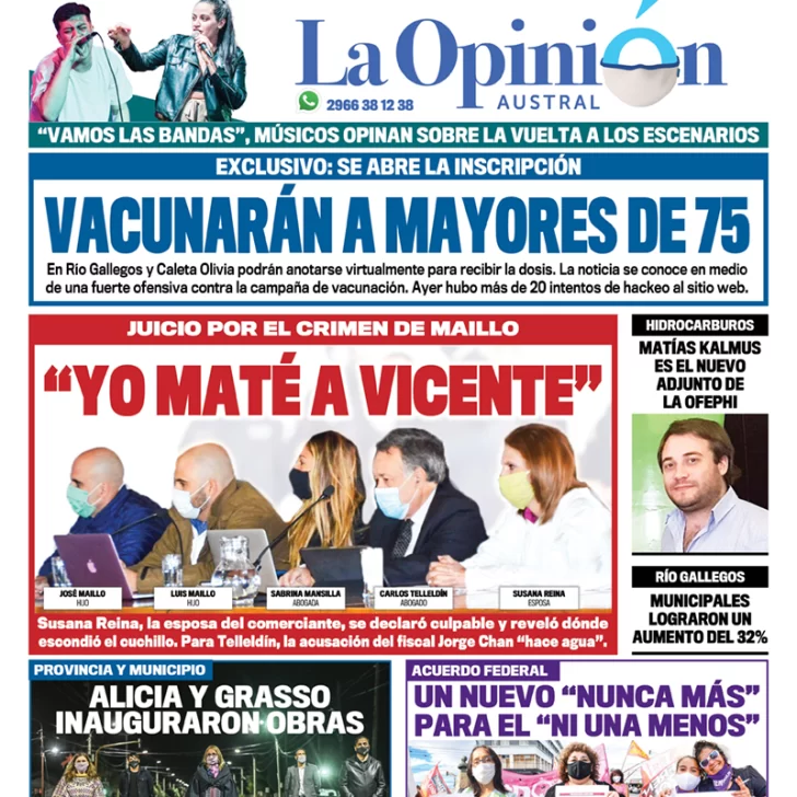 Diario La Opinión Austral tapa edición impresa del 9 de marzo de 2021, Río Gallegos, Santa Cruz, Argentina