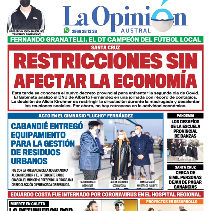 Diario La Opinión Austral tapa edición impresa del 9 de abril de 2021 Río Gallegos, Santa Cruz, Argentina