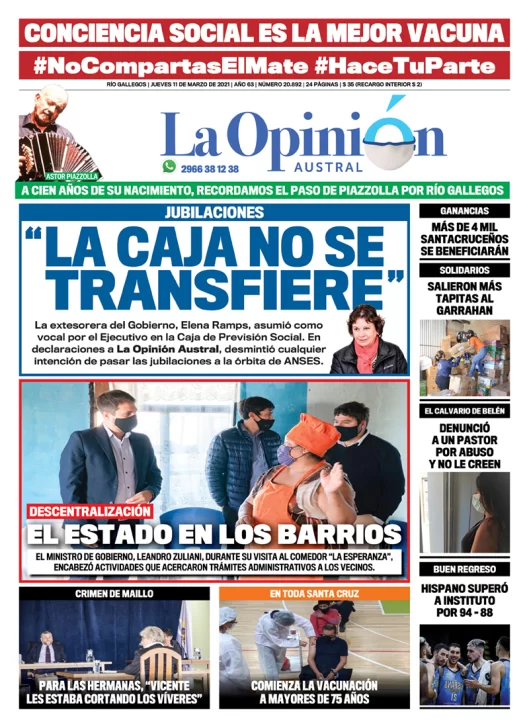 Diario La Opinión Austral tapa edición impresa del 11 de marzo de 2021, Río Gallegos, Santa Cruz, Argentina