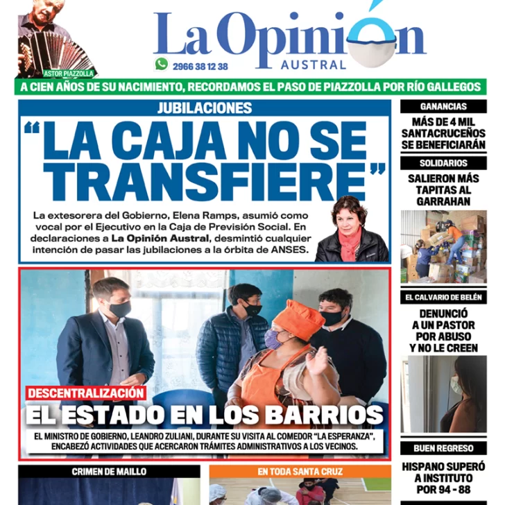 Diario La Opinión Austral tapa edición impresa del 11 de marzo de 2021, Río Gallegos, Santa Cruz, Argentina