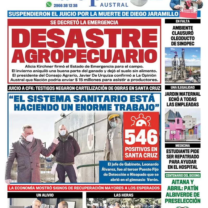 Diario La Opinión Austral edición impresa del 12 de agosto de 2020, Santa Cruz, Argentina