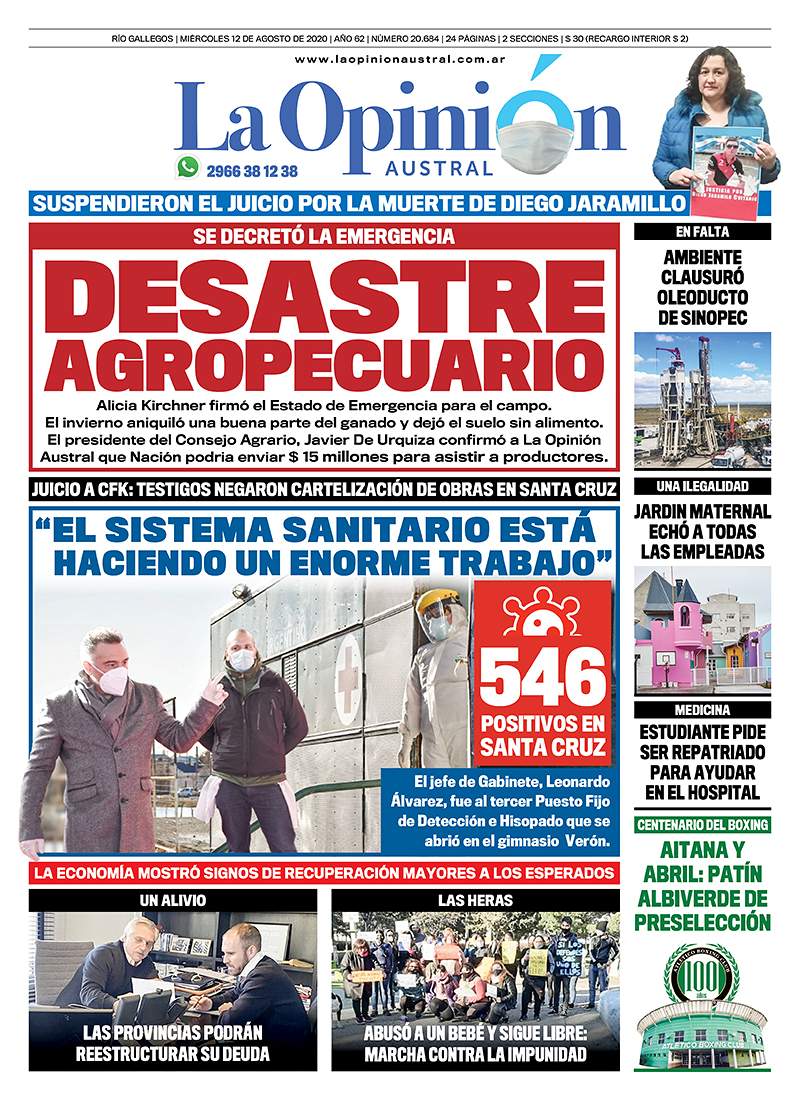 Diario La Opinión Austral edición impresa del 12 de agosto de 2020, Santa Cruz, Argentina