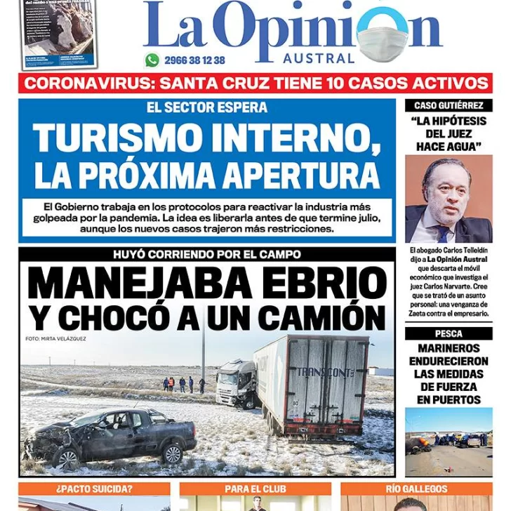 Diario La Opinión Austral edición impresa del 13 de julio de 2020, Santa Cruz, Argentina