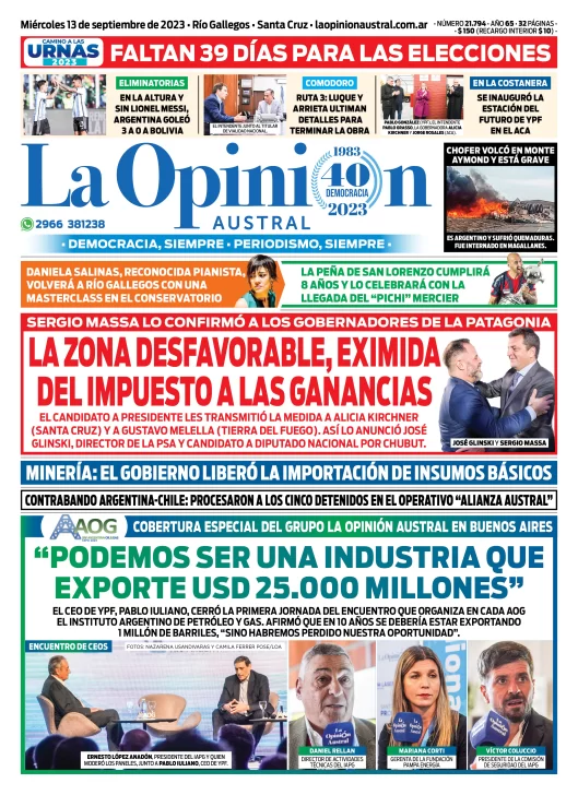 Diario La Opinión Austral tapa edición impresa del miércoles 13 de septiembre de 2023, Río Gallegos, Santa Cruz, Argentina