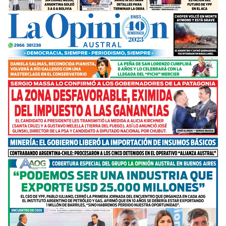 Diario La Opinión Austral tapa edición impresa del miércoles 13 de septiembre de 2023, Río Gallegos, Santa Cruz, Argentina
