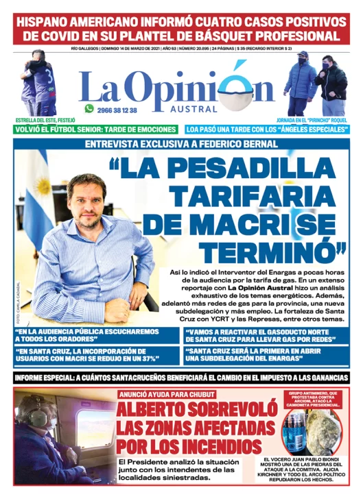 Diario La Opinión Austral tapa edición impresa del 14 de marzo de 2021, Río Gallegos, Santa Cruz, Argentina