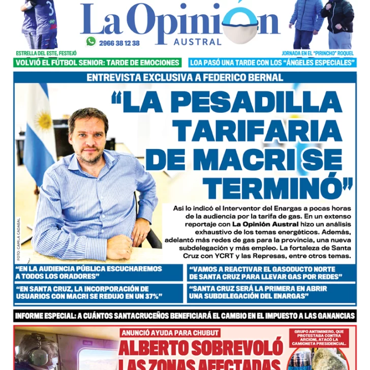 Diario La Opinión Austral tapa edición impresa del 14 de marzo de 2021, Río Gallegos, Santa Cruz, Argentina