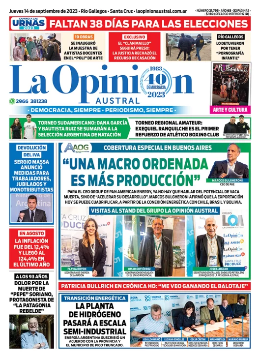 Diario La Opinión Austral tapa edición impresa del jueves 14 de septiembre de 2023, Río Gallegos, Santa Cruz, Argentina