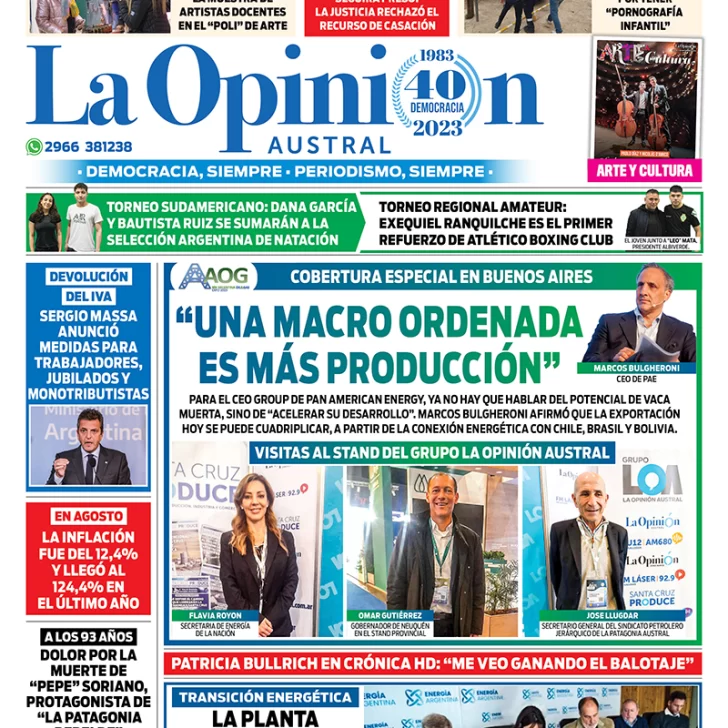 Diario La Opinión Austral tapa edición impresa del jueves 14 de septiembre de 2023, Río Gallegos, Santa Cruz, Argentina