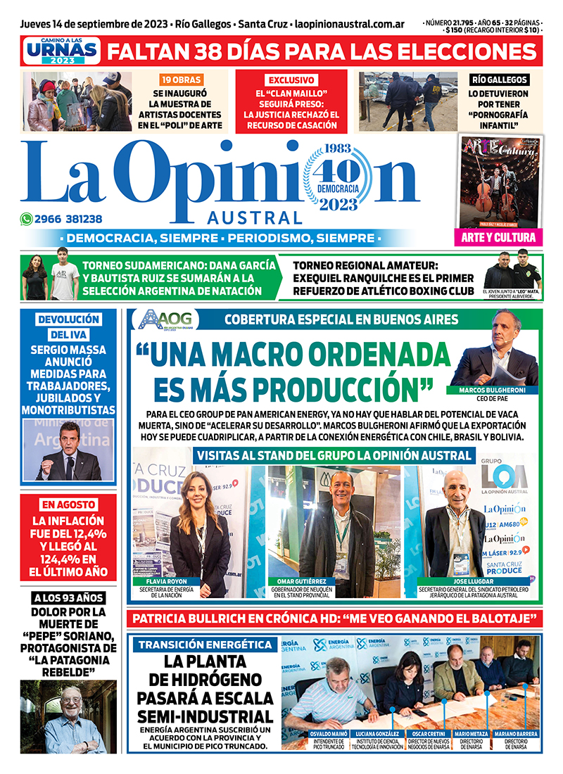 Diario La Opinión Austral tapa edición impresa del jueves 14 de septiembre de 2023, Río Gallegos, Santa Cruz, Argentina