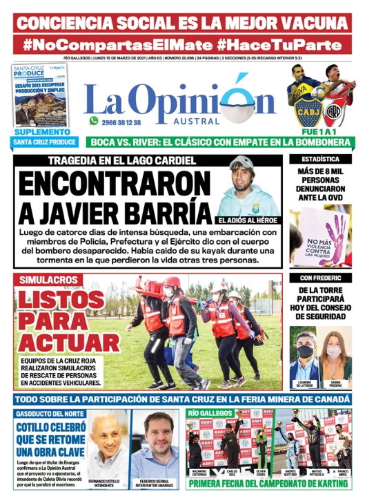 Diario La Opinión Austral tapa edición impresa del 15 de marzo de 2021, Río Gallegos, Santa Cruz, Argentina