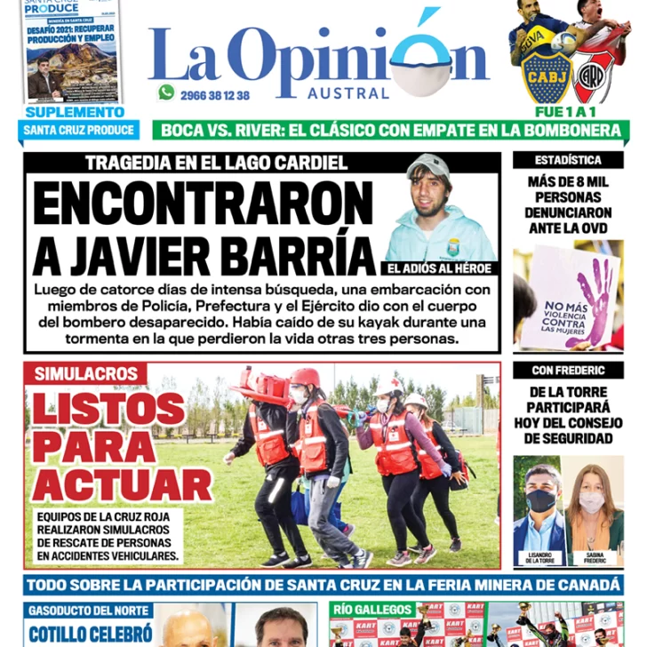 Diario La Opinión Austral tapa edición impresa del 15 de marzo de 2021, Río Gallegos, Santa Cruz, Argentina