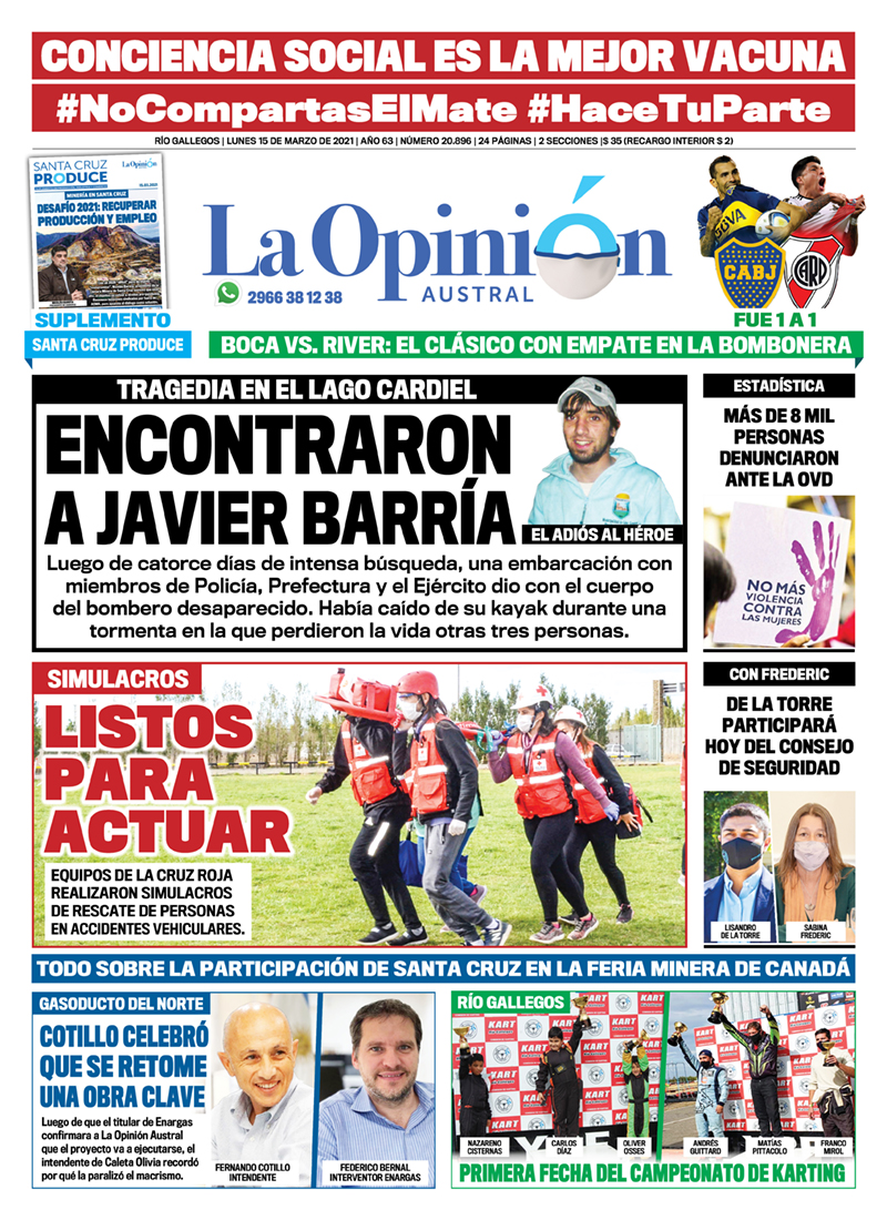 Diario La Opinión Austral tapa edición impresa del 15 de marzo de 2021, Río Gallegos, Santa Cruz, Argentina