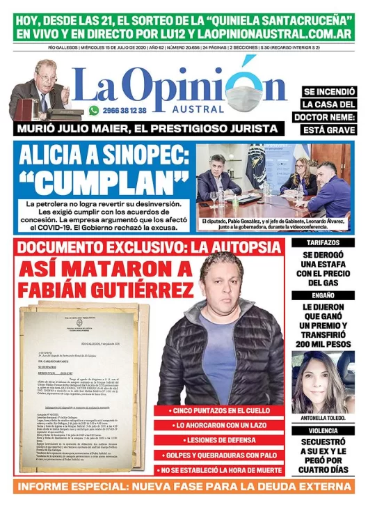 Diario La Opinión Austral edición impresa del 15 de julio de 2020, Santa Cruz, Argentina