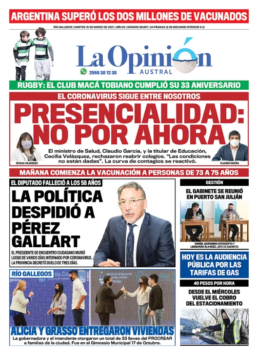 Diario La Opinión Austral tapa edición impresa del 16 de marzo de 2021, Río Gallegos, Santa Cruz, Argentina