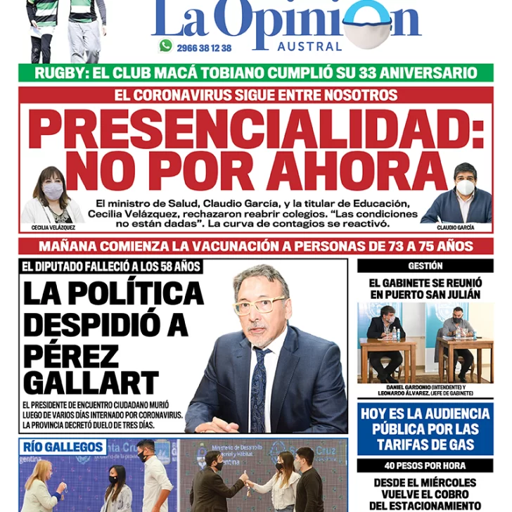 Diario La Opinión Austral tapa edición impresa del 16 de marzo de 2021, Río Gallegos, Santa Cruz, Argentina