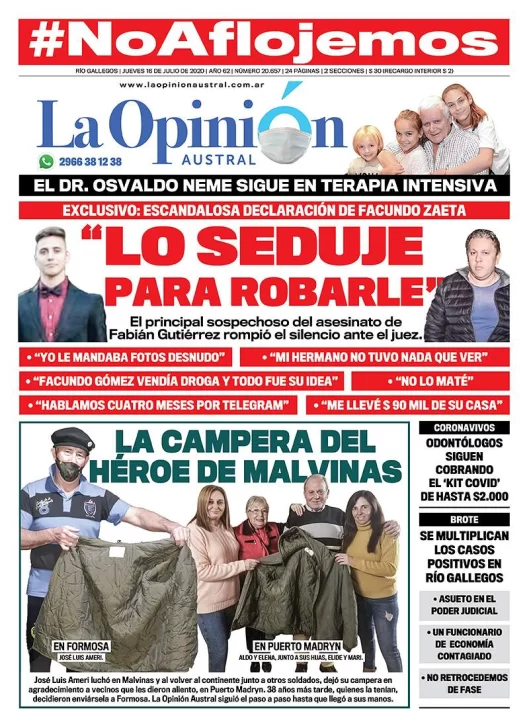 Diario La Opinión Austral edición impresa del 16 de julio de 2020, Santa Cruz, Argentina