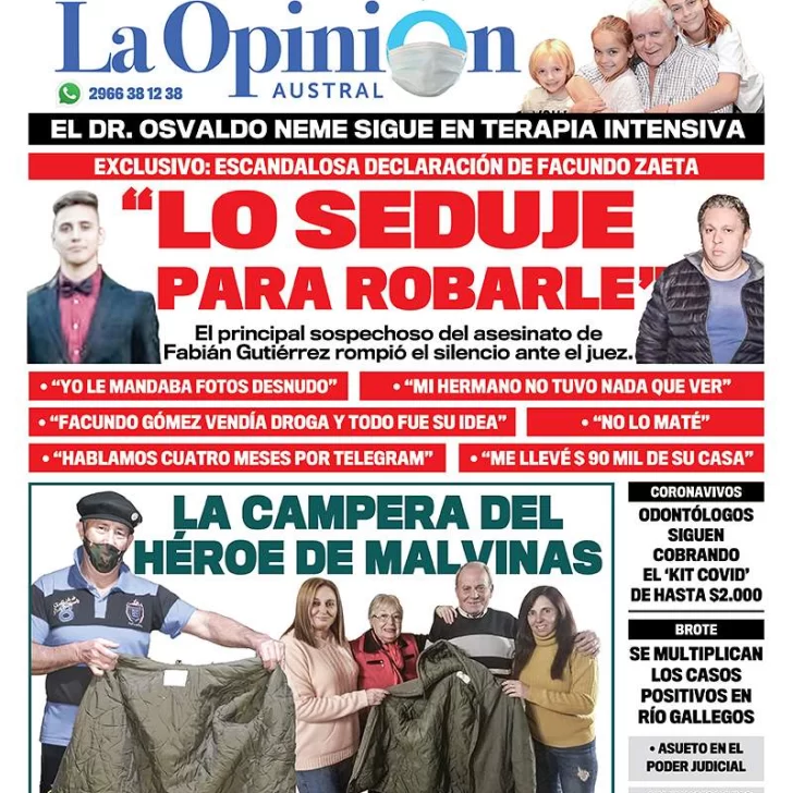 Diario La Opinión Austral edición impresa del 16 de julio de 2020, Santa Cruz, Argentina
