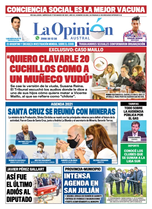 Diario La Opinión Austral tapa edición impresa del 17 de marzo de 2021, Río Gallegos, Santa Cruz, Argentina