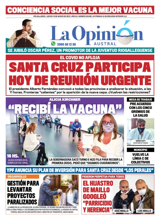 Diario La Opinión Austral tapa edición impresa del 18 de marzo de 2021, Río Gallegos, Santa Cruz, Argentina