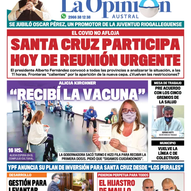 Diario La Opinión Austral tapa edición impresa del 18 de marzo de 2021, Río Gallegos, Santa Cruz, Argentina