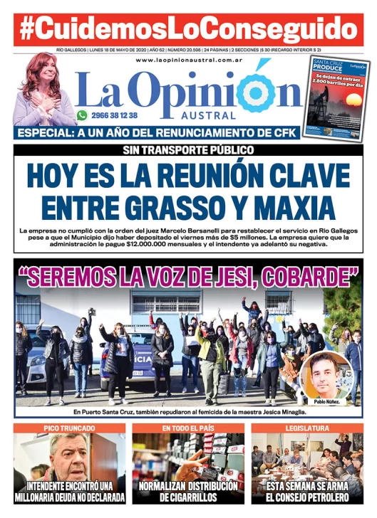 Diario La Opinión Austral edición impresa del 18 de mayo de 2020, Santa Cruz, Argentina