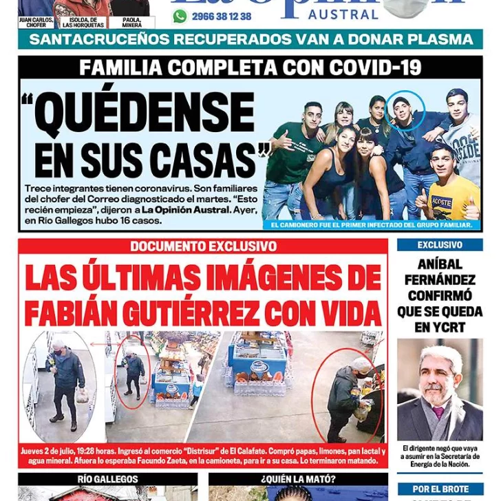 Diario La Opinión Austral edición impresa del 18 de julio de 2020, Santa Cruz, Argentina