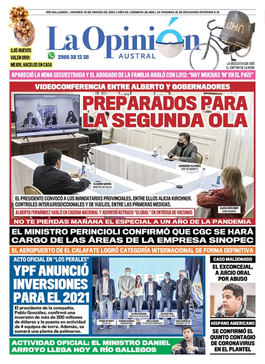 Diario La Opinión Austral tapa edición impresa del 19 de marzo de 2021, Río Gallegos, Santa Cruz, Argentina