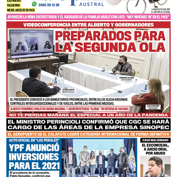 Diario La Opinión Austral tapa edición impresa del 19 de marzo de 2021, Río Gallegos, Santa Cruz, Argentina