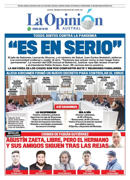Diario La Opinión Austral edición impresa del 19 de julio de 2020, Santa Cruz, Argentina