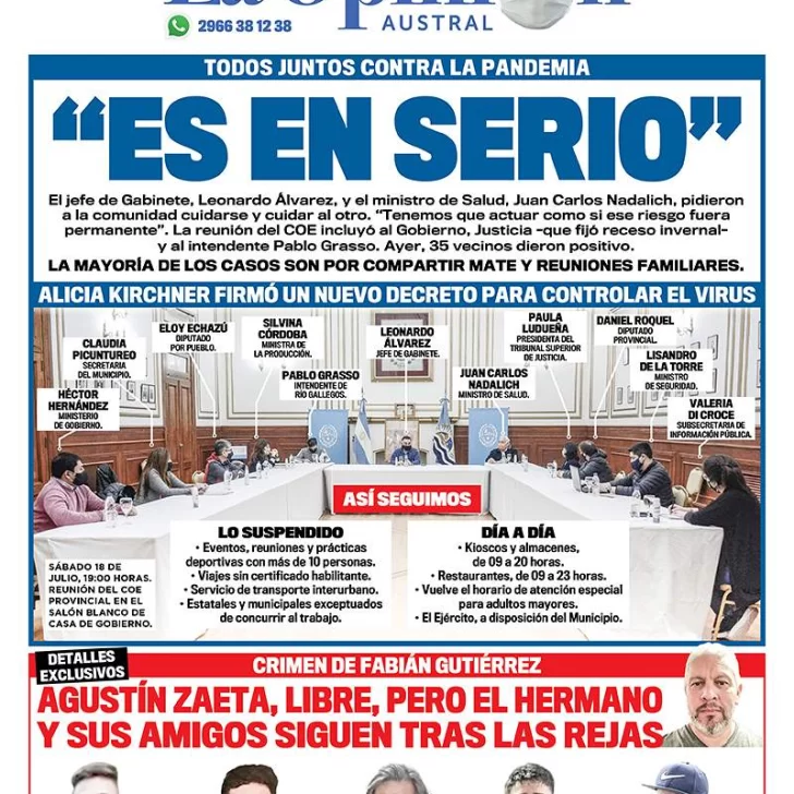 Diario La Opinión Austral edición impresa del 19 de julio de 2020, Santa Cruz, Argentina