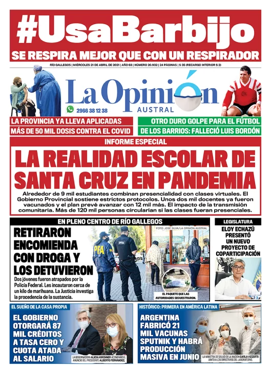 Diario La Opinión Austral tapa edición impresa del 21 de abril de 2021 Río Gallegos, Santa Cruz, Argentina