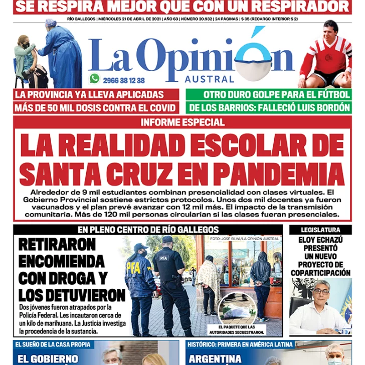 Diario La Opinión Austral tapa edición impresa del 21 de abril de 2021 Río Gallegos, Santa Cruz, Argentina
