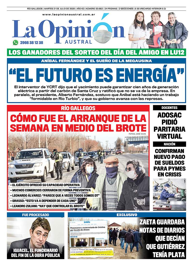 Diario La Opinión Austral edición impresa del 21 de julio de 2020, Santa Cruz, Argentina
