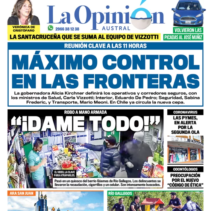 Diario La Opinión Austral tapa edición impresa del 22 de marzo de 2021 Río Gallegos, Santa Cruz, Argentina