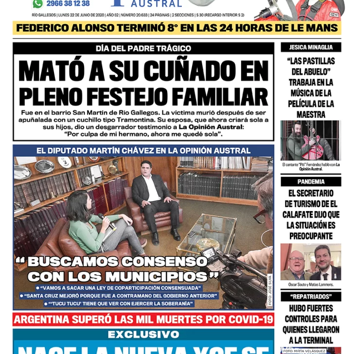 Diario La Opinión Austral edición impresa del 22 de junio de 2020, Santa Cruz, Argentina