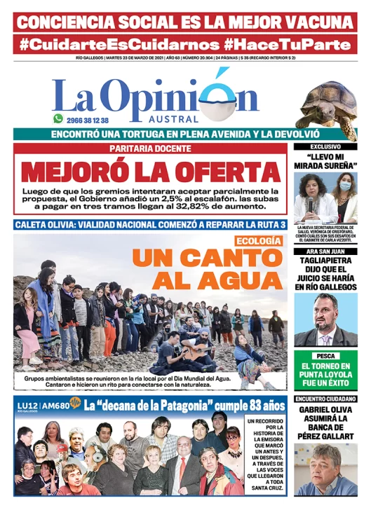 Diario La Opinión Austral tapa edición impresa del 23 de marzo de 2021 Río Gallegos, Santa Cruz, Argentina