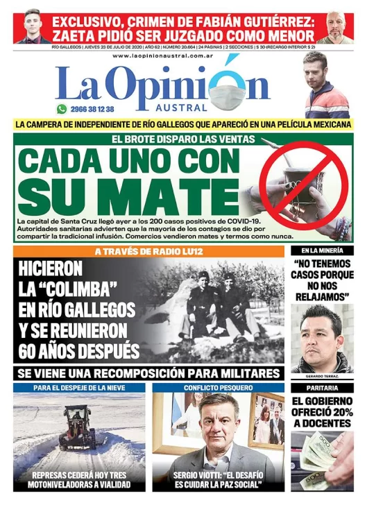 Diario La Opinión Austral edición impresa del 23 de julio de 2020, Santa Cruz, Argentina