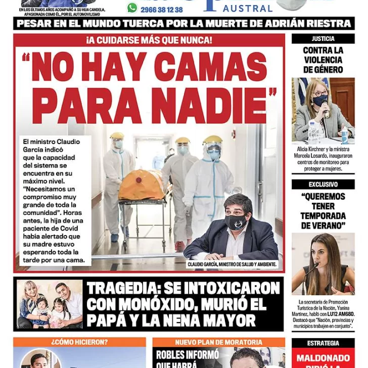 Diario La Opinión Austral tapa edición impresa del 23 de septiembre de 2020, Santa Cruz, Argentina